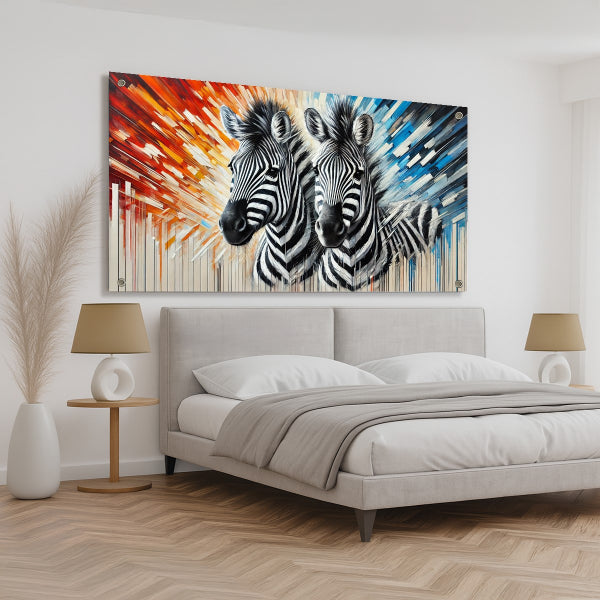 זוג זברות מול רקע צבעוני חם וכחול - תמונות זכוכית